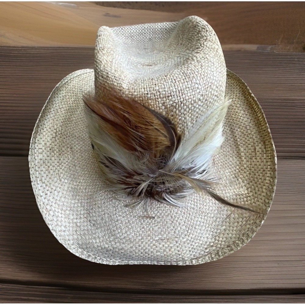 Vintage Western Eddy Bros Straw Cowboy Hat Feather Band  7 1/4-‎ Hot Dogger